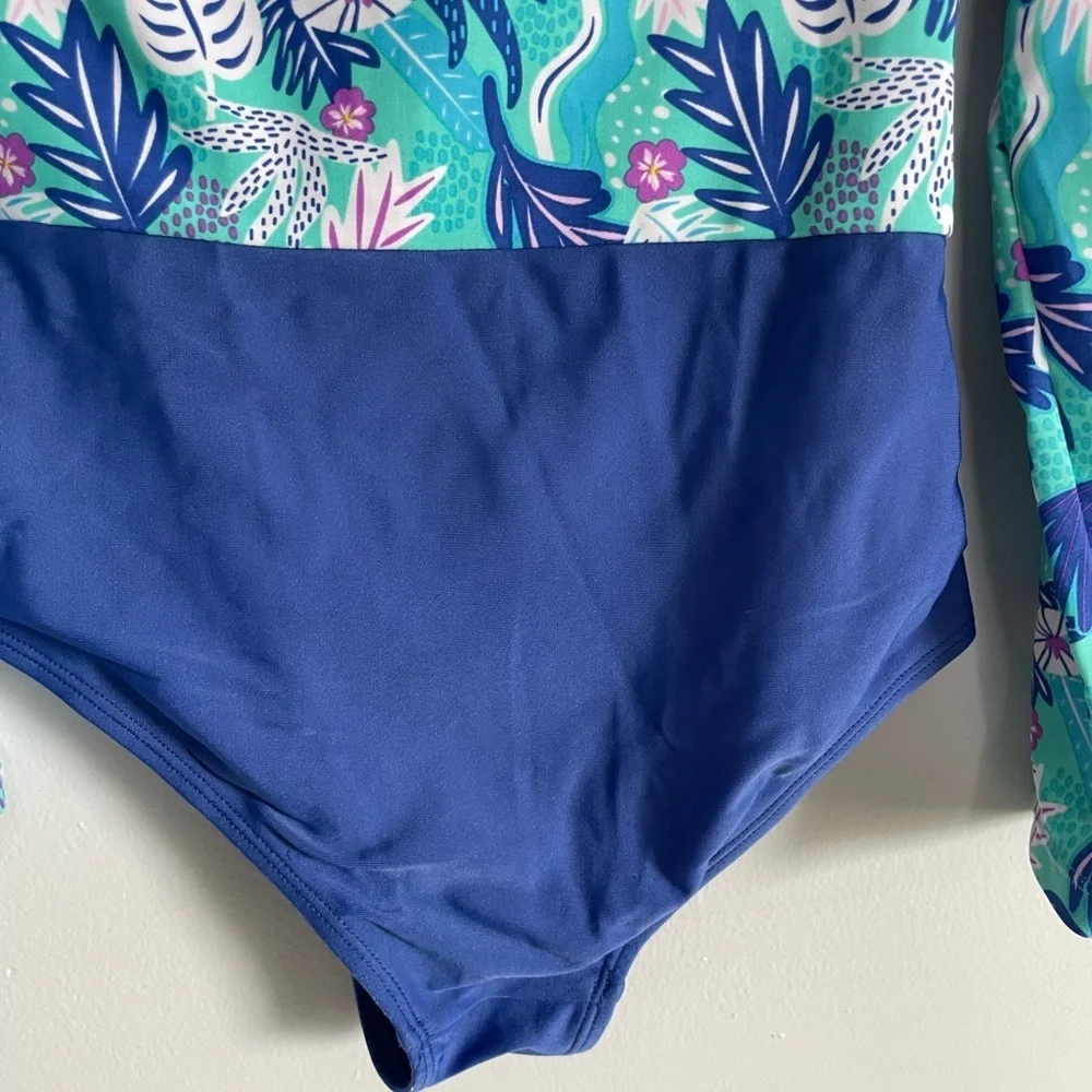 Tropical Print Kids Rashguard Swimsuit one piece long sleeve size 7/8 girls